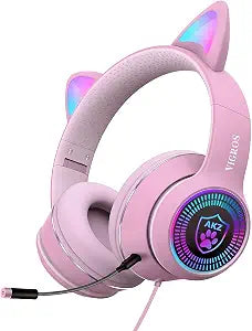 Cat Ear Gaming Headphones Wired AUX 3.5mm with LED Light, VIGROS Flashing Stereo Game Headphones Surround Sound Over-Ear Headsets with Microphone Fit Kids & Adult for PC, PS4, Switch, Mobile, Laptop
