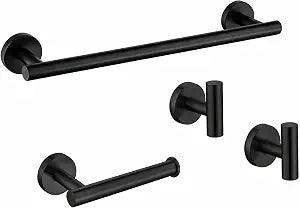 4-Piece Bathroom Hardware Set, 18 Inch Towel Bar & Ring & 2 Hooks Wall Mounted, Matte Black Finish, Rustproof SUS304 Stainless Steel Modern Accessories