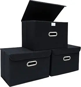 STOREONE Fabric Storage Cube Bins Foldable Organizer Container Collapsible Basket with Lids and Metal Handles, for Home, Bedroom, Closet (Black, 3 Pcs)