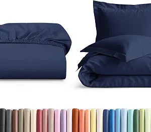 Twin XL Size Fitted Bed Sheet + Duvet Cover Bundle - Hotel Luxury Single Fitted Bottom Sheet Only - Fits Mattresses with Deep Pockets up to 16 inches - Soft, Breathable and Wrinkle Free - Navy Blue