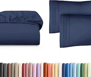 Full Size Fitted Bed Sheet + 2 Pillowcases Bundle - Hotel Luxury Single Fitted Bottom Sheet Only - Fits Mattress w/ Deep Pockets Between 8 to 16 inches - Soft, Breathable & Wrinkle Free - Navy Blue