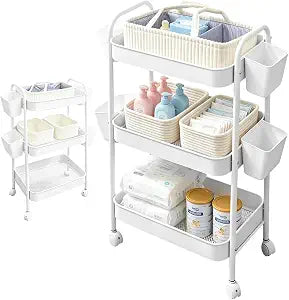 3 Tier Rolling Cart Organizer with Wheels, Metal Utility Storage Cart for Nursery, Bathroom, Kitchen, Craft Room & Laundry Room, Includes Hanging Baskets and Rope Storage Bin, White