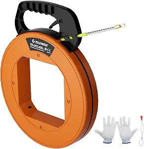 50 ft Non-Conductive Electrical Fish Tape, 3/16-inch Fiberglass Wire Puller with Optimized Housing and Ergonomic Handle, Easy-to-Use Cable Puller Tool with Steel Leader for Walls and Conduit