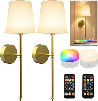 Wall Sconces Set of Two, Battery Operated Rechargeable Wireless Sconces Wall Decor with Remote, RGB Dimmable Wall Lamp for Bedroom Living Room Hallway (Gold)