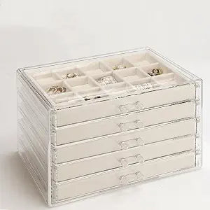 GUOER Earring Organizer 5 Drawers Acrylic Jewelry Box for Women, Warm White