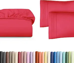 Twin XL Size Fitted Bed Sheet + 2 Pillowcases Bundle - Hotel Luxury Single Fitted Bottom Sheet Only - Fits Mattress w/ Deep Pockets Between 8 to 16 inches - Ultra Soft, Breathable & Wrinkle Free - Red