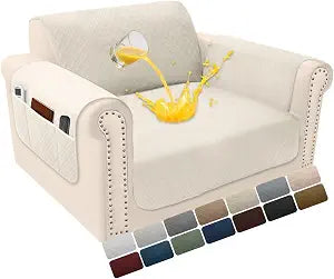 Velvet 100% Waterproof Chair Covers for Living Room Sofa Armchair Cover Washable Couch Arm Chair Slipcovers for Dogs Non Slip Quilted Furniture Protector with Pockets (Small, Light Beige)