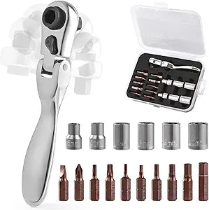 Mini ratchet screwdriver Set, Right Angle Screwdriver set with 1/4 Mini Flex Ratchet Wrench and Bits Sockets for Tight Spaces(Ratchet wrench with bits and socket)