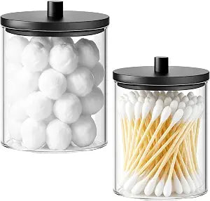 BKYFPQ 2 Pack Glass Qtip Holder Dispenser Set - 15oz & 10oz Apothecary Jars with Lids - Vanity Makeup Organizer and Bathroom Canister Storage Organizer for Cotton Ball, Swab, Round Pads,Floss