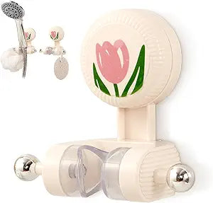 Handheld Shower Head Holder - Adjustable Suction Cup Bracket for Bathroom Wall Mount with Hook for Towels,Shower Ball,Shower Loofah, Medium, White