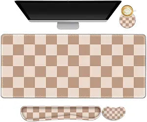 Beige Khaki Checkered Mouse Pad Set, 4 in1 Large Gaming Ergonomics Keyboard Desk Mat with Memory Foam Wrist Rest, Extended Game Mousepad, Non-Slip Desk Pad Matt Easy Typing Pain Relief