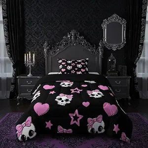 Gothic Skull Kids Comforter Set Twin Size,Cartoon Skeleton Romantic Bedding Set for Teens Adults Bedroom Decor,Cute Stars Heart Bowknot Duvet Insert,Black and Pink Quilted Duvet Set with 1 Pillowcase
