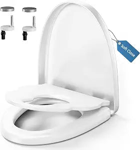 Family Toilet Seat with Soft Close, White Toilet Lid with Adjustable Hinges, with Built-in Child Seat 2-in-1, Easy Installation and Easy to Clean (Elongated with Toddler Seat)