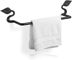 Hand Forged Wrought Iron Towel Hanger | Rustic Leaf Design Wall Mounted Towel Rack | Heavy Duty Bathroom & Kitchen Towel Holder | Decorative Handmade Iron Bar (Black Finish)