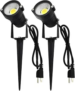 GSS6005 Outdoor Plug-in LED Spotlight 5W 450LM Warm White 3000K, IP65 Waterproof Landscape Spotlight with Ground Stake, Metal, 3ft Cord, 120V (Pack of 2)