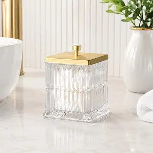 Vince Camuto Home Glass Cotton Jar Holder Matte Gold Lid, Elegant Bathroom Storage Canister for Qtips, Cotton Balls, Floss, Makeup Organizer, Vanity & Bathroom Organization