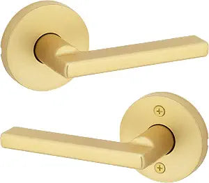 Kwikset Halifax Interior Passage Door Handle, Lever for Closet and Hallway Doors, Reversible Non-Locking Handle Lever, Satin Brass