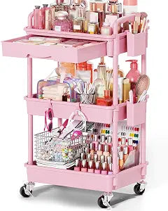 Goovilla Rolling Makeup Organizer Cart with Removable Drawer, 3 Tier Pink
