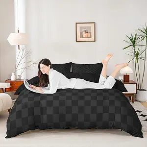 Homewish Black Plaid Duvet Cover Set Queen Size,Geometric Checkered Bedding Set 3Pcs for Kids Teens Boys Men Room Decor,Grey Black Gird Comforter Cover Modern Fashion Quilt Cover,2 Pillowcases