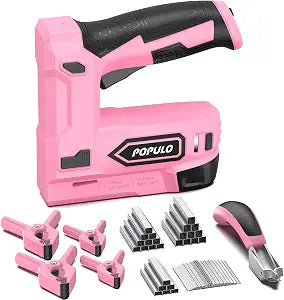 POPULO Pink 4V Cordless Staple Gun, 2-in-1 for Upholstery, Manual Upgrade