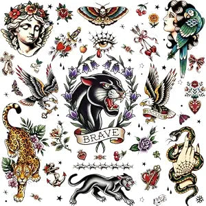 90+ Pcs American Traditional Temporary Tattoos for Women Men