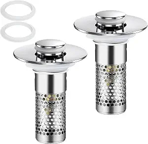 2 Pack Bathroom Sink Stopper Upgraded Pop Up Sink Drain Strainer Universal for 1.1"-1.29" Inch with Removable Stainless Steel Filter Basket Hair Catcher