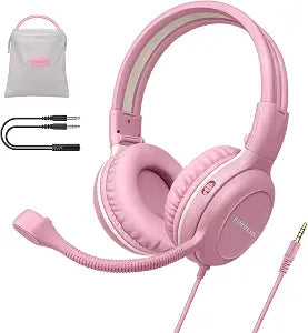 SIMOLIO Kids-Headphones with Microphone for School, 75/85/94 dB Wired Headphones with Boom Mic for iPad, PC, Laptop, Gaming, On Ear Pink Stereo Corded Headsets for Girls, Children, Teens, Students