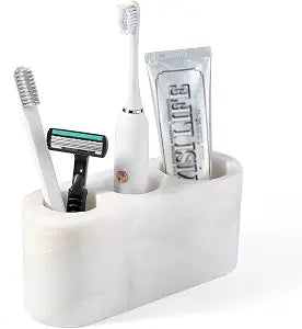 BCS Toothbrush Holder for Bathrooms, 3 Slots Open-Bottom Marble Toothbrush Organizer, Makeup Brush Stand Toothbrush Storage Collection for Bathroom Countertop Vanity Organization - White