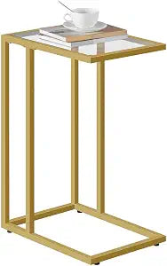 HOOBRO C Shaped End Table, Glass Side Table with Metal Frame