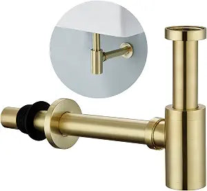 Brass P Trap Bathroom Sink: 1-1/4 Sink Trap with Adjustable Height - Brushed Gold Round Bottle P-Trap with Slip Joint Extension Tube - Basin Sink Stainless Steel Plumbing/Pipe Replacement Kit