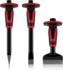 C&T 3Pcs Heavy Duty Masonry Chisel Set with Hand Guard, Rock Chisel Set