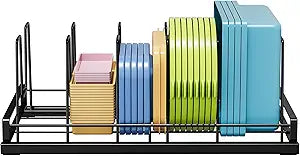 Food Container Lid Organizer Rack with Adjustable 6 Dividers, Black