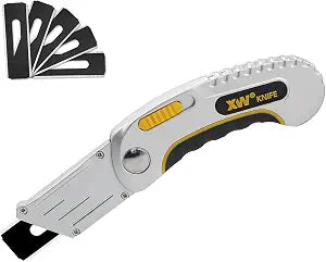 XW Folding Carpet Knife, Razor Blade Heavy Duty Utility Knife with Protective Cap, Extra 5 Blades Included