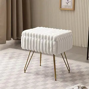 Faux Fur Storage Ottoman, Modern Soft Footstool, Storage Bench with Metal Legs, Vanity Seat, Fur Stool, Ottoman Coffee Table, Makeup Chair, Vanity Stools for Bedroom (White)