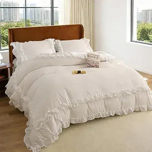CCoutueChen White Ruffle Duvet Cover Queen 3Pcs Shabby Chic Farmhouse Bedding Set Girls 100% Washed Microfiber Duvet Cover Set Boho Vintage Ruffled Bedding with 2 Pillowcases(No Comforter)