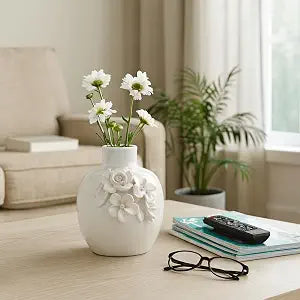Modern Ceramic Bud Vase with Rose Applique for Living Room Decor and Home Accents - Perfect for House and Table Styling - Decorative Flower Vase for Bedroom or Office Display - 7", White