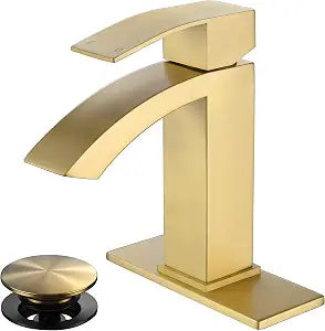 Gold Bathroom Faucet, Waterfall Bathroom Sink Faucet with cUPC Supply Hose and Pop Up Drain, Single Handle Single Hole Modern Faucet for Bathroom Vanity