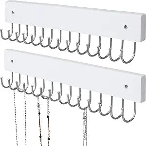 SCUNDA Hanging Jewelry Organizer Wall Mounted, Modern Jewelry Display with 28 Hooks, Decorative Necklace Holder for Wall, Space Saving Necklace Hooks, (2 Packs, White)