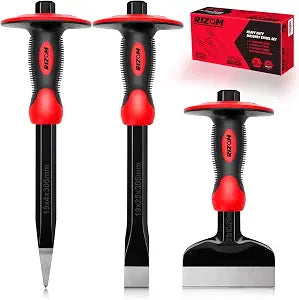 Rizom Chisel Set with Hand Protection, 3 Pcs Stone and Rock Chisel, Heavy Duty Masonry Tools including 11-Inch Point and Flat, 8-Inch Brick