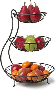 Spectrum Yumi 3 Tier Fruit Basket Server Kitchen Organizer for Fruit Produce Bread Snack & More, Heavy Duty Steel Three Wire Basket Fruit Stand for Kitchen Counter & Dining Table Storage Decor, Black