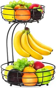 2-Tier Countertop Fruit Basket Bowl with Banana Hanger, Metal Wire Fruits Stand Holder Storage Organizer for Kitchen, Black