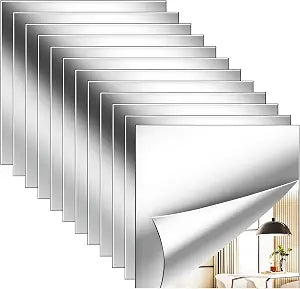 12 Pack Flexible Mirror Sheets 12x12 Inch Self Adhesive Non-Glass Mirror Tiles, Cuttable Shatterproof Acrylic Stickers, Safe Reflective Film for DIY Home Wall Decor Kitchen Bedroom