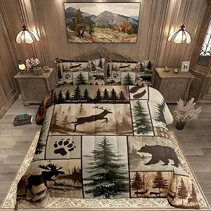 Feelyou Western Rustic Bear Deer Comforter Set Twin Size, Country Farmhouse Duvet Insert, Rustic Cabin Bedding Set,Elk Forest Animal Wildlife Hunting Patchwork Lodge Quilt, 1 Pillow Shams