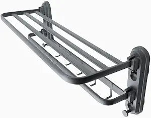24 Inches Bathroom Shelves Towel Holder Modern Towel Racks for Bathroom Wall Mounted Foldable Towels Shelf Holder with 5 Hooks Double Towels Bar for Bathroom Lavatory Shower Wall (No Drilling)