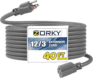 40ft Indoor Outdoor Extension Cord - 12/3 SJTW Heavy Duty Extension Cable with 3 Prong Grounded Plug for Safety -15Amp 1875W Gray Electric Cord Great for Garden, Appliances