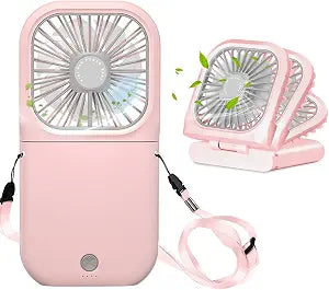 Portable Handheld Fan with Necklace Mini Quiet Foldable Fan (Pink)
