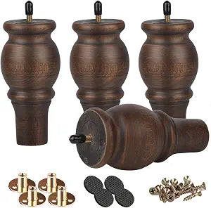 6 inch Solid Wood Turned Furniture Legs with M8 Bolts, Glazed 4-Pack
