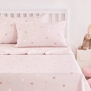 Wake In Cloud - Bow Bed Sheets, 100% Cotton, 4 Pieces Sheet Set, Cute Kawaii Ribbon Heart Pattern Printed Coquette Bedding for Teen Girls, Deep Pocket, Pink, Queen Size