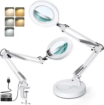 12X Magnifying Glass with Light and Stand, Real Glass Lens Desk Lamp, Lighted Magnifier with Light Stepless Dimming Hands Free for Craft, Reading, Painting, Sewing, Solder - White