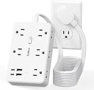 Surge Protector Power Strip-TerHavn 15 FT Flat Extension Cord 10 AC Outlets & 4 USB Ports(3.4A 17W), 1080J Wall Mountable Desktop Charging Station with Flat Plug for Office Supplies and Home, White